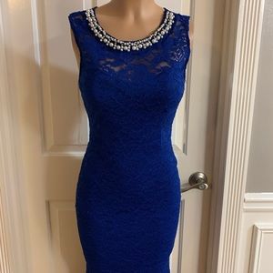Women junior blue lace sequins halter bodycon mermaid maxi dress size (M)